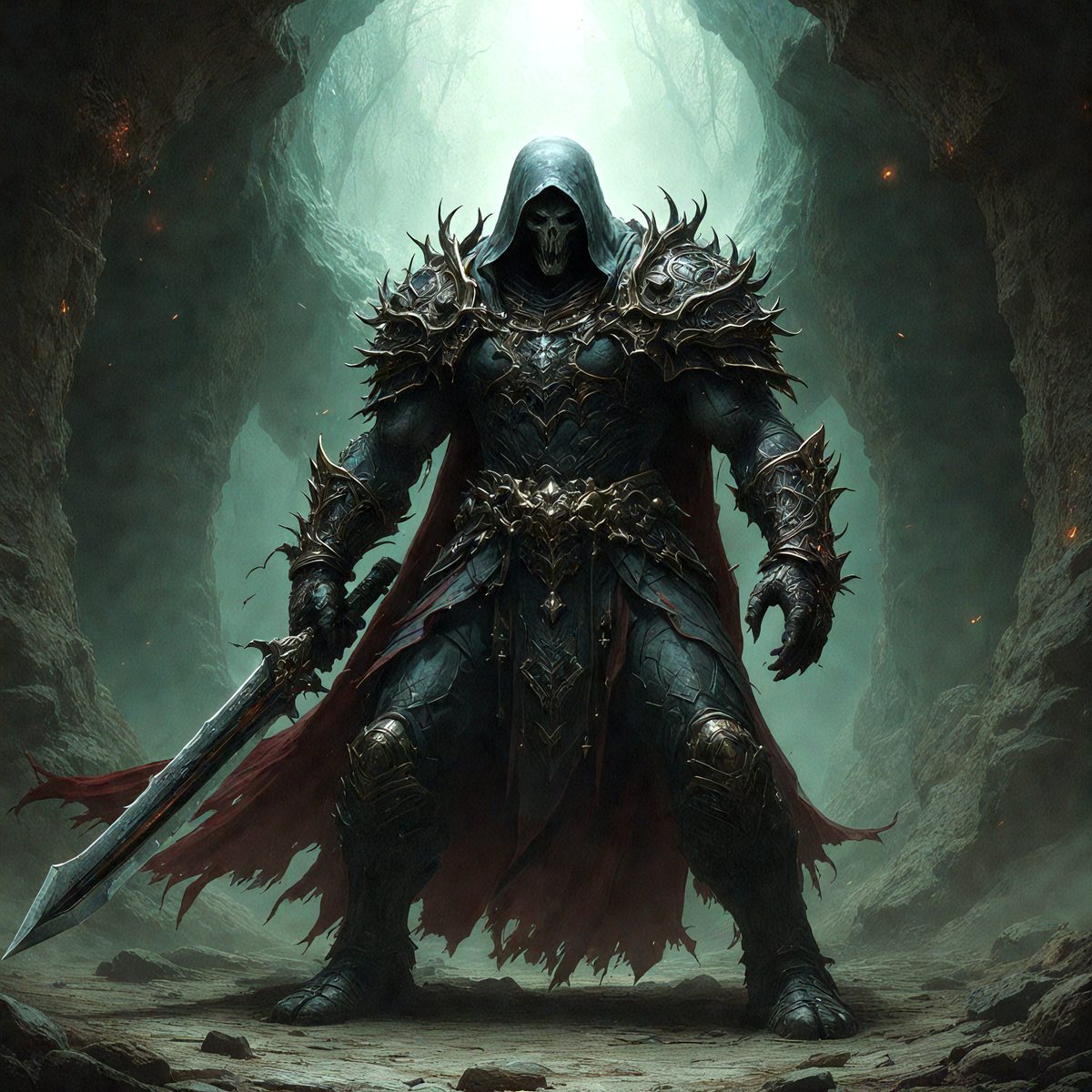 The primary subject of the image is a character dressed in a medieval-style armor, holding a sword. The setting is a dark, cave-like environment, with a greenish hue. The visual style appears to be a digital art or illustration, creating a dramatic and intense atmosphere. The colors and mood are predominantly dark and moody, with the greenish hue adding a sense of mystery to the scene.